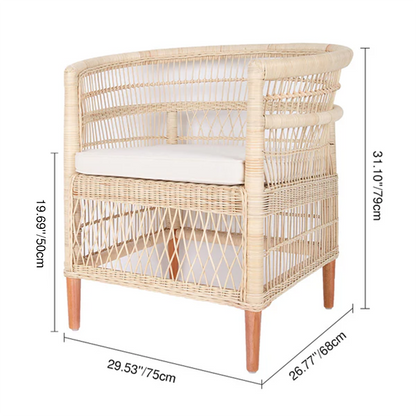 Contemporary Nordic Handwoven Natural Rattan Accent Chair With Round Backrest - Breathable Indoor & Outdoor Lounge Chair For Balcony & Garden
