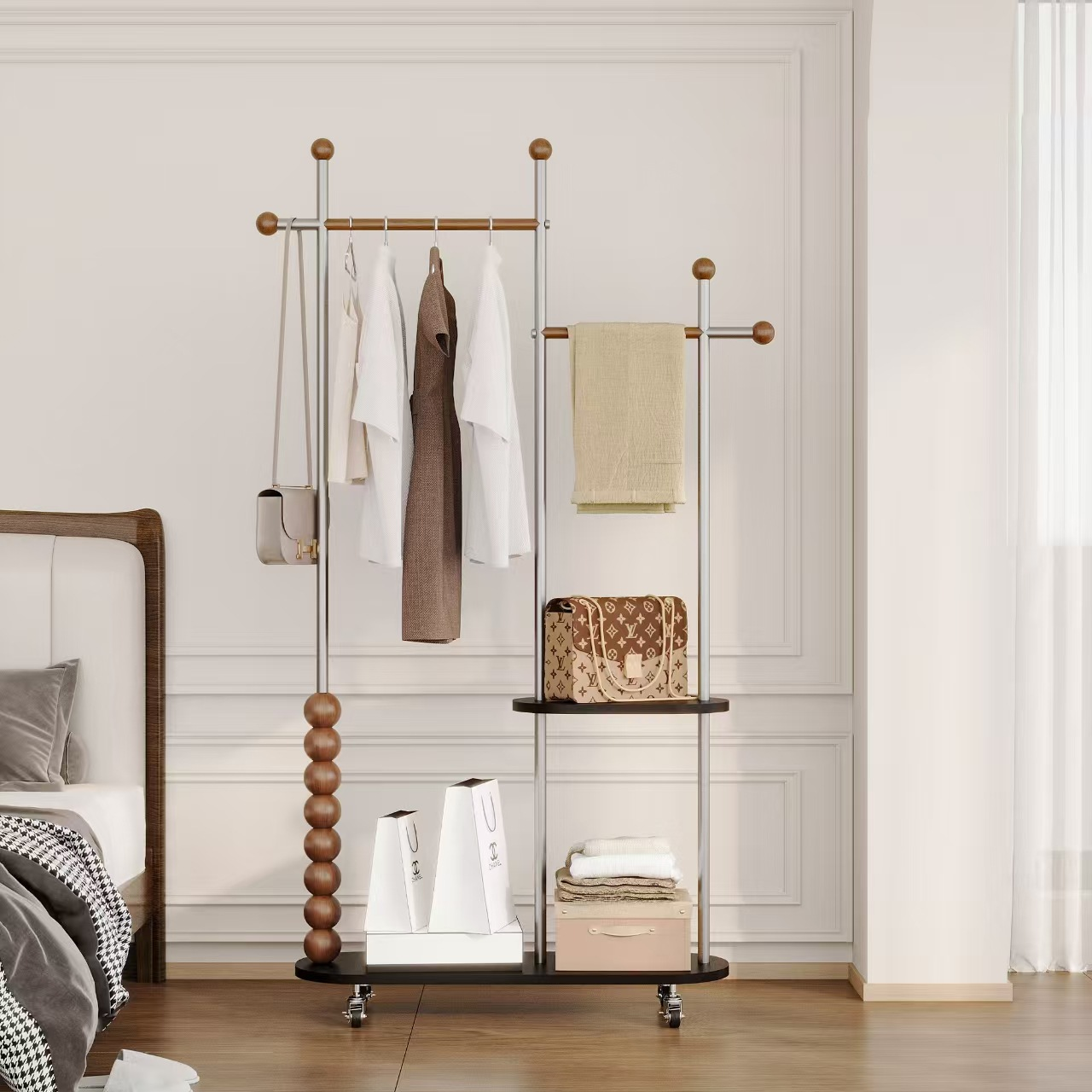 Modern Minimalist Stainless Steel/Carbon Steel & Plywood Oval Freestanding Hall Tree With Double Hanging Bars For Bedroom