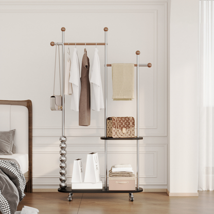 Modern Minimalist Stainless Steel/Carbon Steel & Plywood Oval Freestanding Hall Tree With Double Hanging Bars For Bedroom
