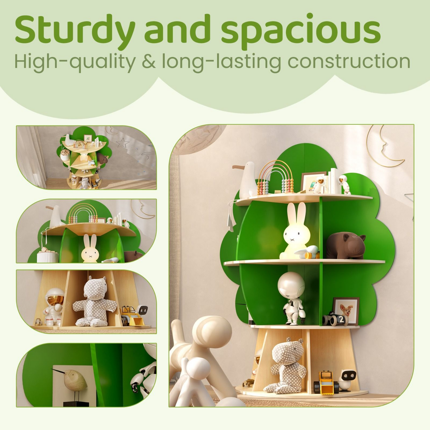 Contemporary Creative Solid Wood Plywood Tree-Shaped Kids Storage Shelf 4-Tier 10-Cubby For Bedroom & Living Room