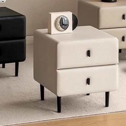 Modern Minimalist Solid Wood & Plywood Faux Leather Rectangular Nightstand With 2-Drawer Design For Bedroom