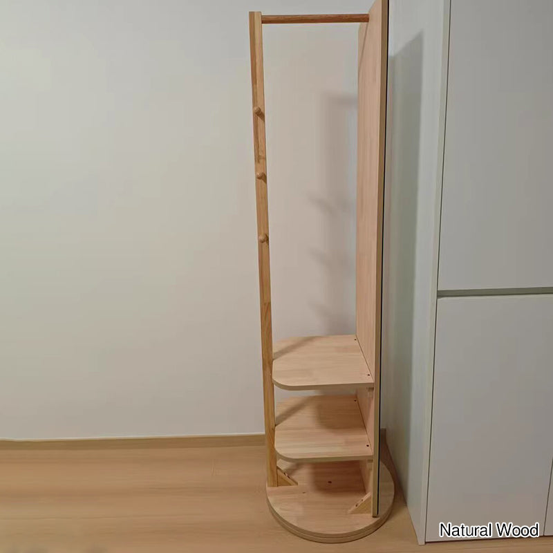 Modern Minimalist Rectangular Solid Wood Rotatable Movable Hall Tree With Mirror & 3-Tier Storage For Bedroom & Entryways