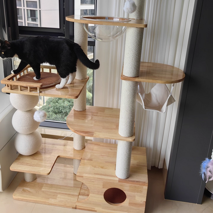 Contemporary Scandinavian Rectangular Rubberwood Plywood Pine Wood Pillar Velvet Fabric Hemp Rope Acrylic Cat Tree 3-Condo 5-Perch For Bedroom
