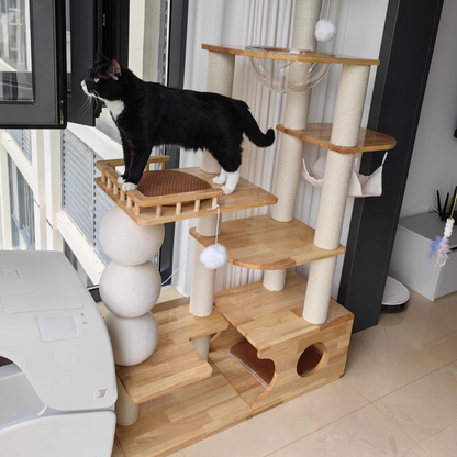 Contemporary Scandinavian Rectangular Rubberwood Plywood Pine Wood Pillar Velvet Fabric Hemp Rope Acrylic Cat Tree 3-Condo 5-Perch For Bedroom