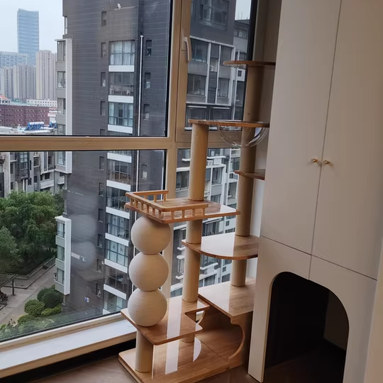 Contemporary Scandinavian Rectangular Rubberwood Plywood Pine Wood Pillar Velvet Fabric Hemp Rope Acrylic Cat Tree 3-Condo 5-Perch For Bedroom