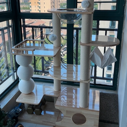 Contemporary Scandinavian Rectangular Rubberwood Plywood Pine Wood Pillar Velvet Fabric Hemp Rope Acrylic Cat Tree 3-Condo 5-Perch For Bedroom