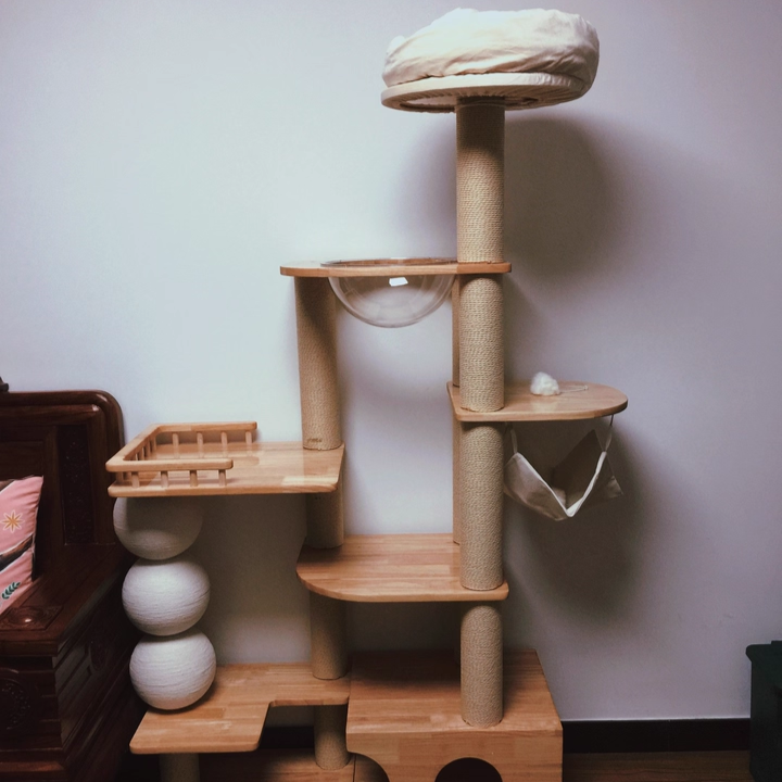 Contemporary Scandinavian Rectangular Rubberwood Plywood Pine Wood Pillar Velvet Fabric Hemp Rope Acrylic Cat Tree 3-Condo 5-Perch For Bedroom