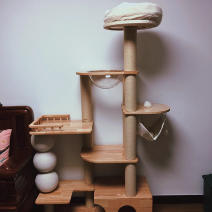 Contemporary Scandinavian Rectangular Rubberwood Plywood Pine Wood Pillar Velvet Fabric Hemp Rope Acrylic Cat Tree 3-Condo 5-Perch For Bedroom