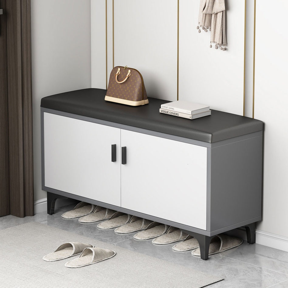 Modern Minimalist Rectangular MDF Faux Leather Shoe Bench 3-Tier For Entryway