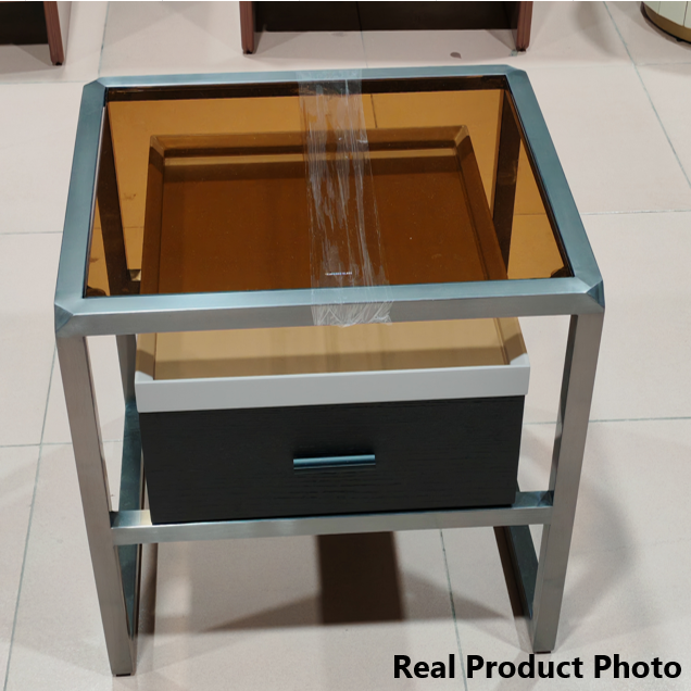 Contemporary Creative Square Stainless Steel Frame Bedside Table - 1 Drawer Nightstand For Bedroom
