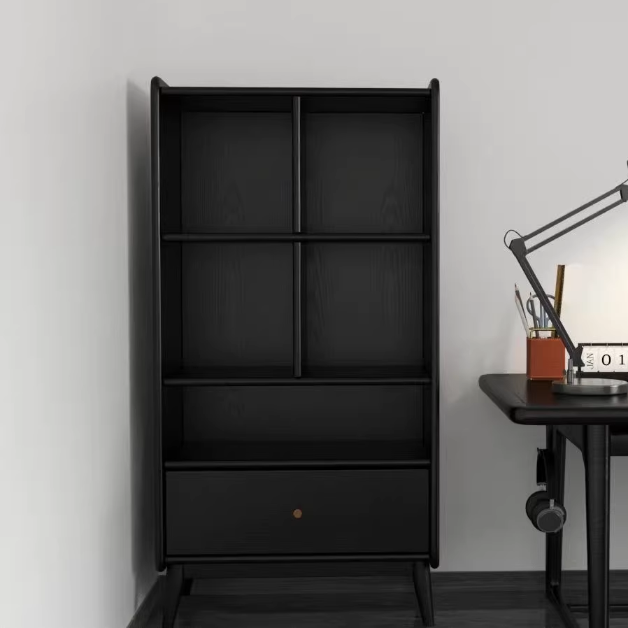 Contemporary Nordic Rectangular Solid Wood Black Display Rack 1-Drawer For Living Room