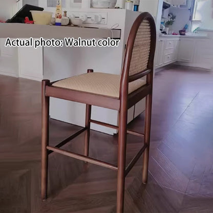 Traditional French Arched Rubberwood Rattan Bar Stool Backrest Armless For Dining Room & Kitchen