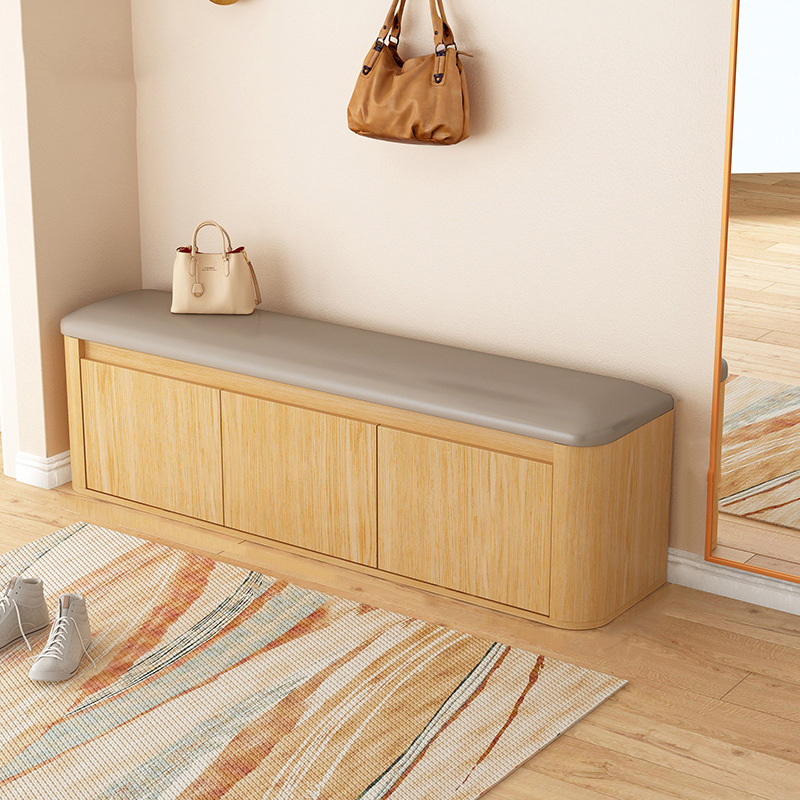 Contemporary Nordic Eco Board & Faux Leather Rounded Rectangular Shoe Bench With 3-Tier Storage For Entryway