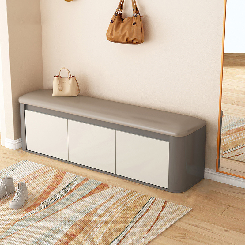 Contemporary Nordic Eco Board & Faux Leather Rounded Rectangular Shoe Bench With 3-Tier Storage For Entryway
