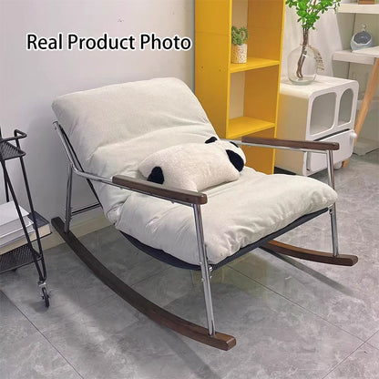 Contemporary Scandinavian Electroplated Silver Iron Corduroy PP Cotton Rubberwood Solid Wood Rocking Chair For Living Room