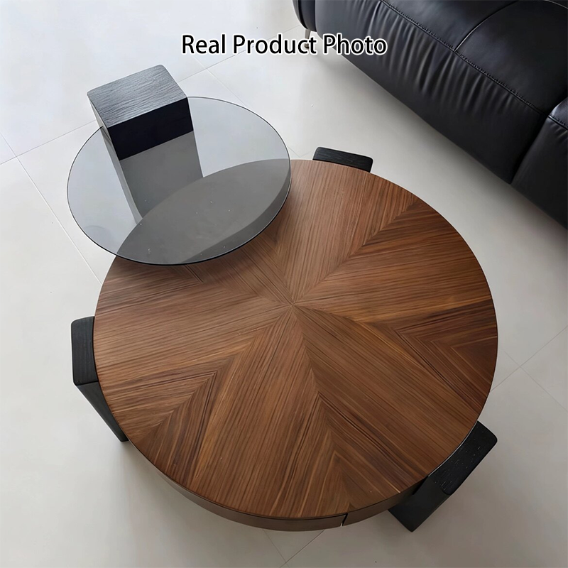 Contemporary Nordic Round Medium Density Fiberboard Glass Coffee Table 2-Tier For Living Room