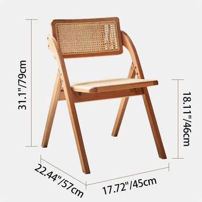 Contemporary Nordic Rubberwood & Rattan Weaving Rectangular Folding Dining Chair With Backrest For Dining Room