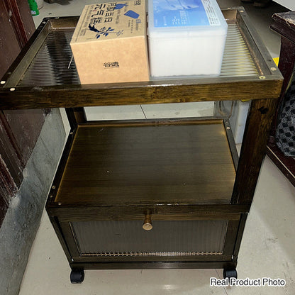 Traditional Vintage Square Glass Bamboo Movable Nightstand 1-Cabinet For Bedroom