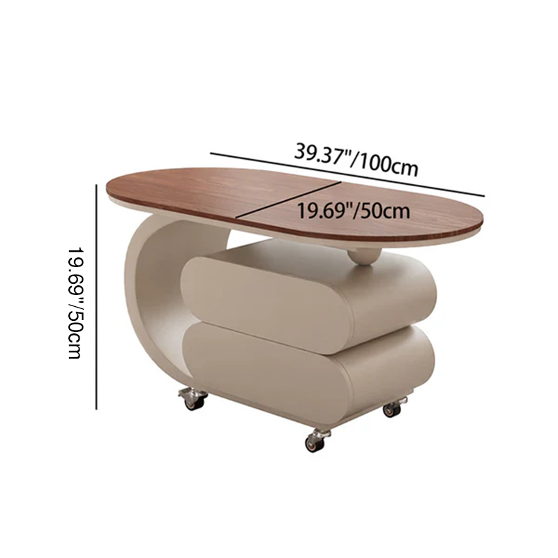 Modern Minimalist Oval Carbon Steel Rock Slab Plywood Movable Coffee Table 2-Drawer For Living Room