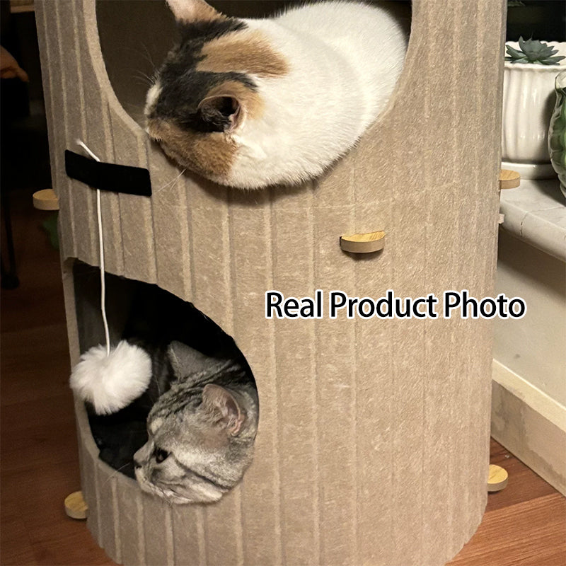 Traditional Rustic Cylindrical Tree Hole Felt Sherpa Fleece & MDF Cat Tower 2/3-Hole For Living Room