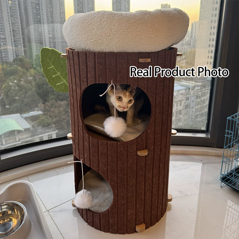 Traditional Rustic Cylindrical Tree Hole Felt Sherpa Fleece & MDF Cat Tower 2/3-Hole For Living Room