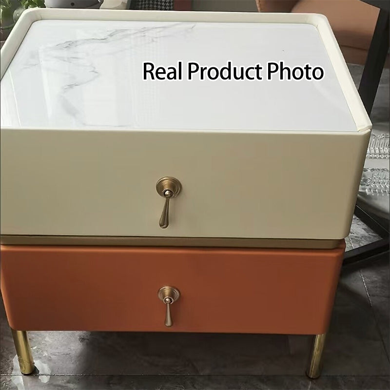Contemporary Luxury Rectangular High-Leg Design Pine Wood Medium Density Fiberboard Microfiber Leather Stone Slab Carbon Steel Nightstand 2-Drawer For Bedroom
