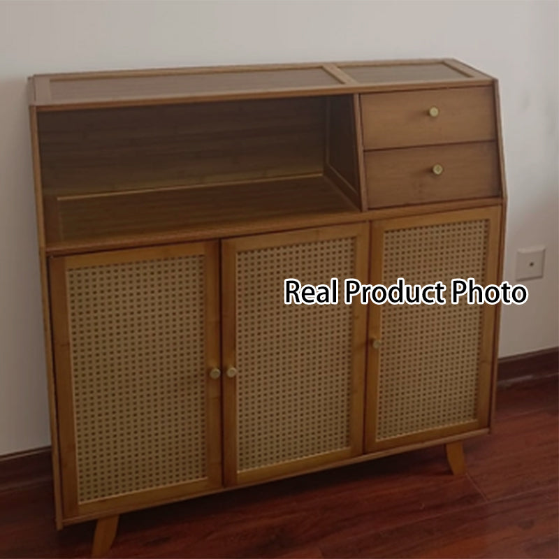 Traditional Japanese Nan Bamboo MDF Rectangular Storage Cabinet 3-Tier For Living Room