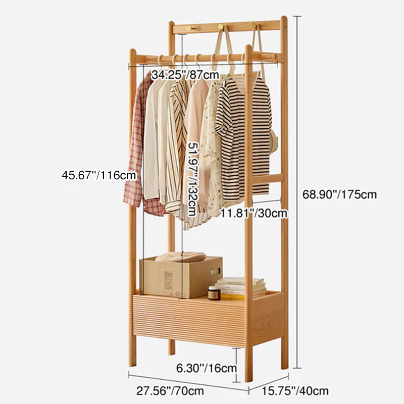 Traditional Japanese Solid Wood & Plywood Rectangular Wooden Hall Tree Clothes Organizer With Drawer For Bedroom