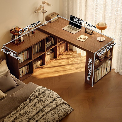 Modern Minimalist Rectangular L-Shaped Particle Board Desk With Bookshelf 8/10 Storage For Home Office