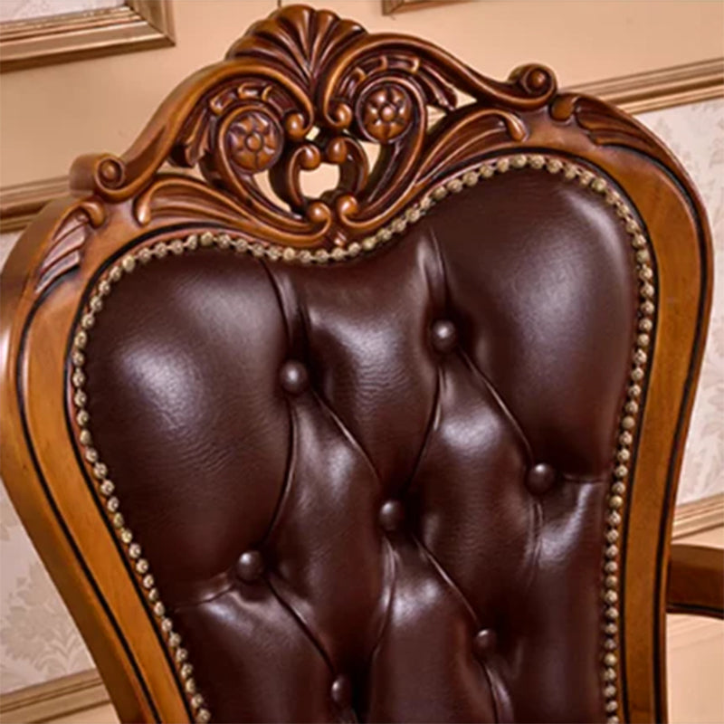 Traditional Vintage Curved Microfiber Leather Solid Wood Sponge Dining Chair Backrest Armrest For Dining Room