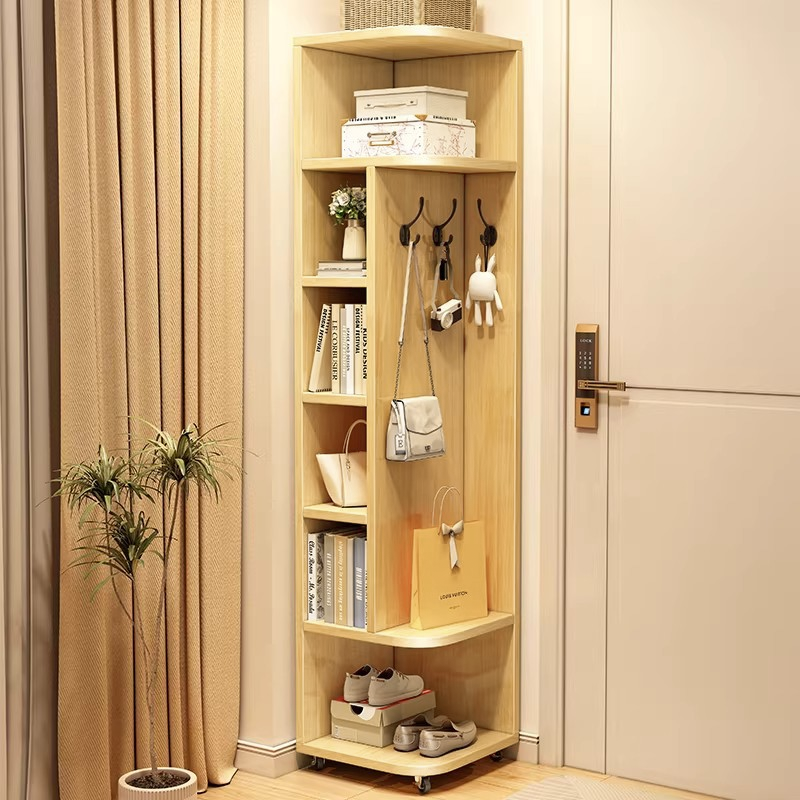 Modern Minimalist Rubberwood Rectangular Corner Shelf Unit With 7-Tier Storage For Bedroom & Living Room