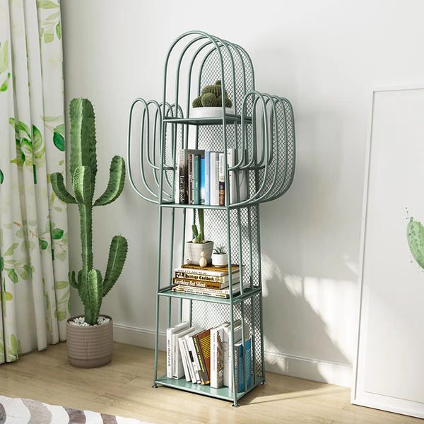 Modern Minimalist Cactus-Shaped Iron Bookshelves 4-Tier Artistic Durability For Living Room