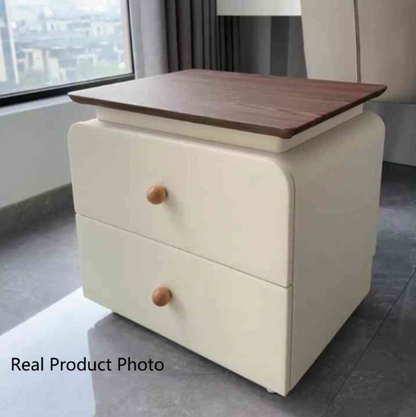 Contemporary Nordic Rounded-Edge Rectangular Design Solid Wood Solid Wood Plywood Cat-Scratch Resistant Leather Nightstand 2-Drawer For Bedroom