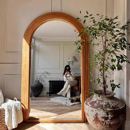 Contemporary Retro Solid Wood & MDF Arched Leaning Full-Length Mirror For Bedroom & Living Room Elegant Floor Mirror