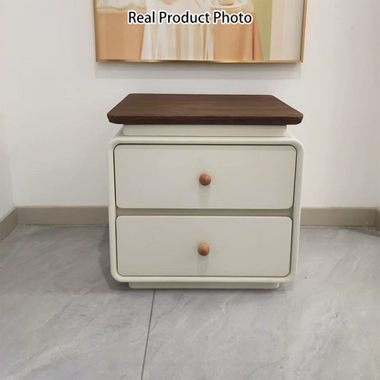 Modern Minimalist Solid Wood & Plywood Faux Leather Square Nightstand 2-Drawer For Bedroom