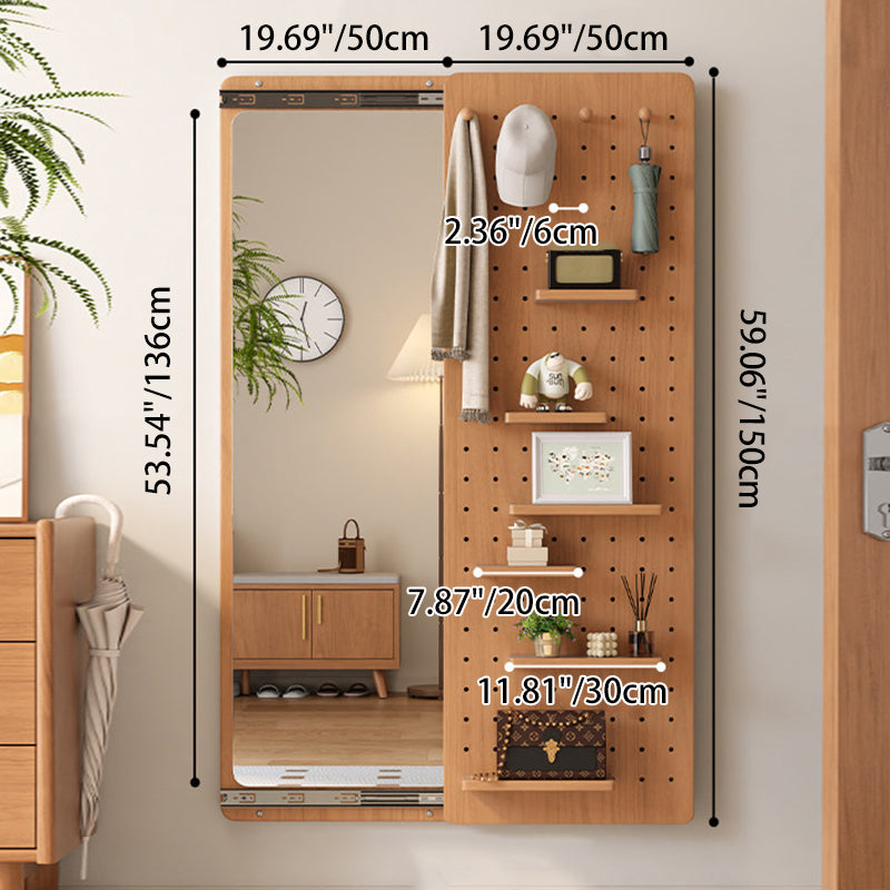Modern Minimalist Solid Wood Metal Glass Rounded Rectangle Wall Mirror With Sliding Pegboard Storage & Hooks For Entryway