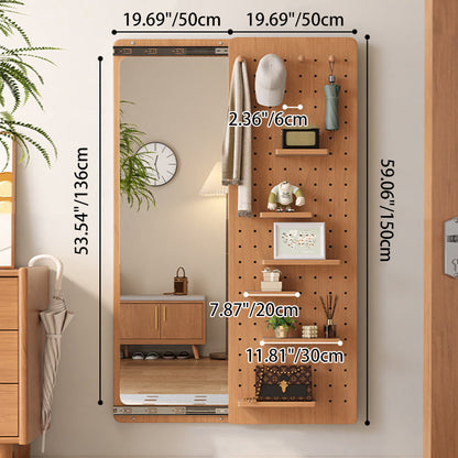 Modern Minimalist Solid Wood Metal Glass Rounded Rectangle Wall Mirror With Sliding Pegboard Storage & Hooks For Entryway