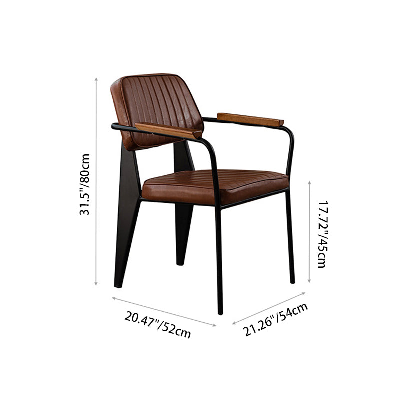 Traditional Vintage Rectangular Faux Oil-Waxed Leather Solid Wood Steel Dining Chair Backrest Armrest For Dining Room