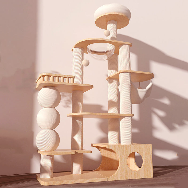 Contemporary Scandinavian Rectangular Rubberwood Plywood Pine Wood Pillar Velvet Fabric Hemp Rope Acrylic Cat Tree 3-Condo 5-Perch For Bedroom