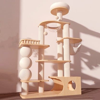 Contemporary Scandinavian Rectangular Rubberwood Plywood Pine Wood Pillar Velvet Fabric Hemp Rope Acrylic Cat Tree 3-Condo 5-Perch For Bedroom