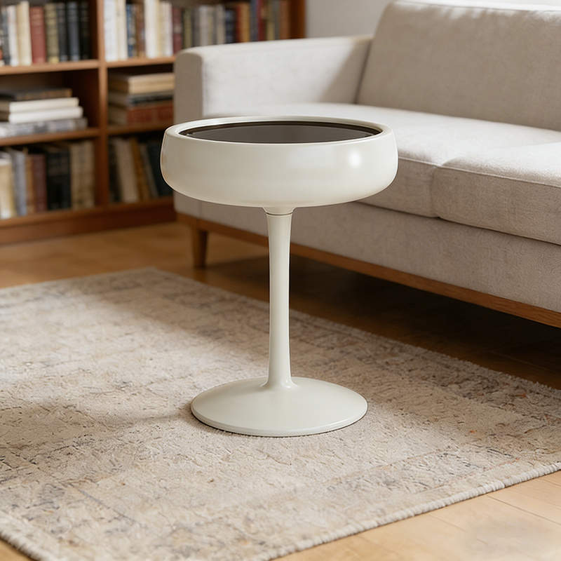 Contemporary Creative Fiberglass Wine Glass Shape Round Side Table With Tempered Glass Top 2-Tier Storage For Living Room & Bedroom
