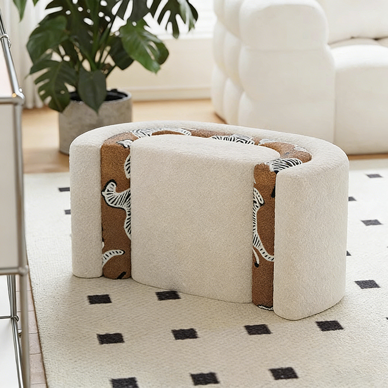 Contemporary Creative Plywood Sherpa Fabric U-Shaped Zebra Pattern Low Stool For Entryway And Living Room