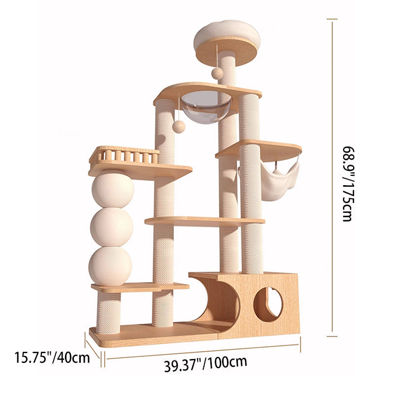 Contemporary Scandinavian Rectangular Rubberwood Plywood Pine Wood Pillar Velvet Fabric Hemp Rope Acrylic Cat Tree 3-Condo 5-Perch For Bedroom