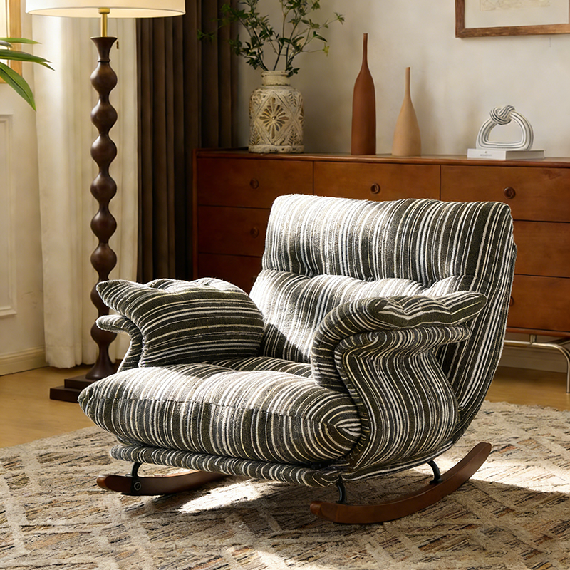 Contemporary Retro Velvet Iron & Wood Plush Upholstered Rocking Chair With Armrests & Reclining Function For Living Room