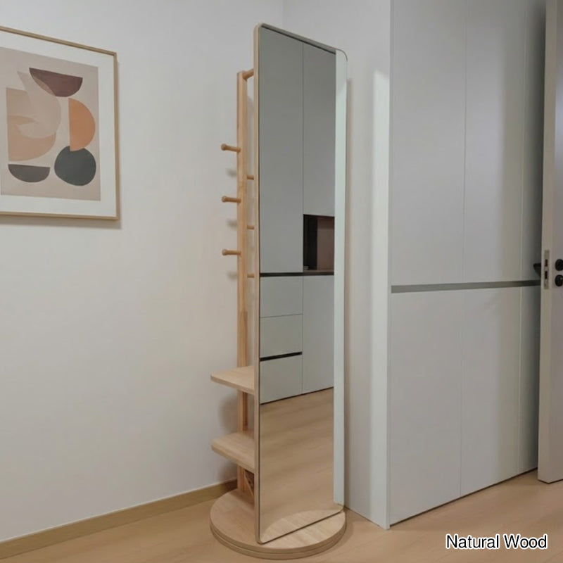Modern Minimalist Rectangular Solid Wood Rotatable Movable Hall Tree With Mirror & 3-Tier Storage For Bedroom & Entryways