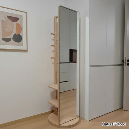 Modern Minimalist Rectangular Solid Wood Rotatable Movable Hall Tree With Mirror & 3-Tier Storage For Bedroom & Entryways