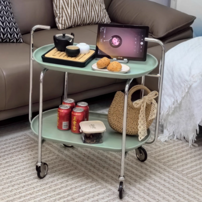 Modern Mid-Century Oval ABS Iron End Table 2-Tier Rolling Cart For Living Room