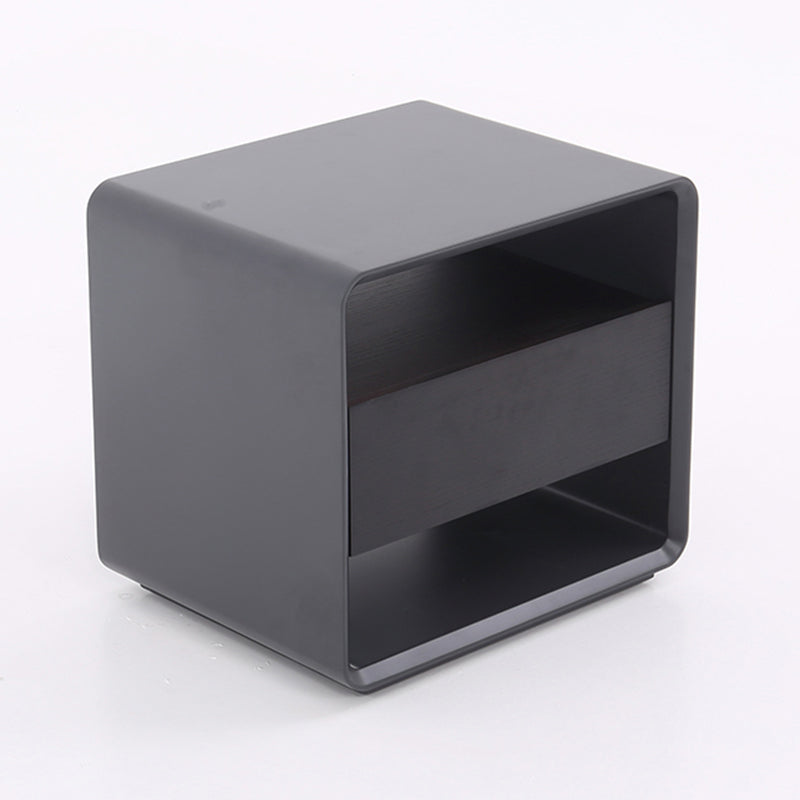 Modern Minimalist Black Lacquer Bedside Table: Wood Veneer Single Drawer - Elegant Open Cubby Storage Nightstand For Bedroom