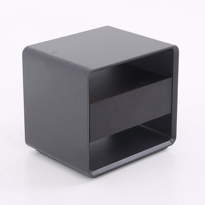 Modern Minimalist Black Lacquer Bedside Table: Wood Veneer Single Drawer - Elegant Open Cubby Storage Nightstand For Bedroom