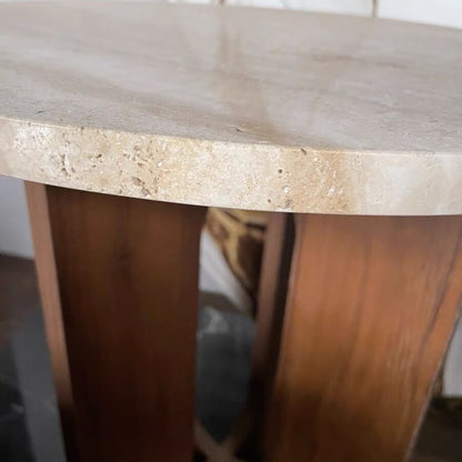 Contemporary Nordic Natural Travertine Pine Wood Round Side Table For Living Room